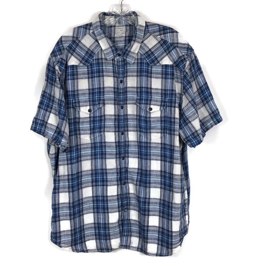 Lucky Brand 100% Linen Plaid Short Sleeve Button Down Shirt Mens XXL Blue White